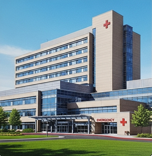 A building with a red cross symbol on it