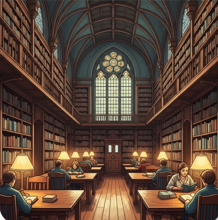A row of bookshelves in a library