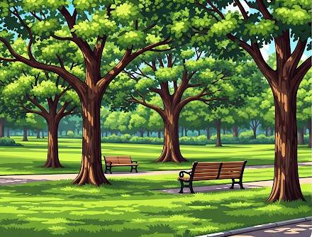 A green park with trees and a bench