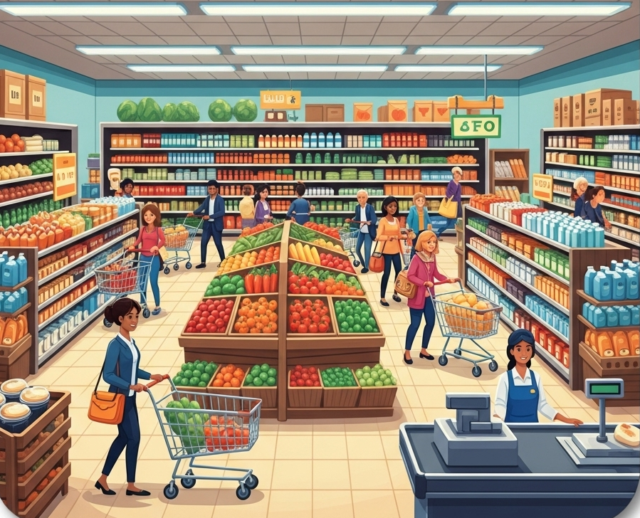 A shopping cart inside a supermarket aisle